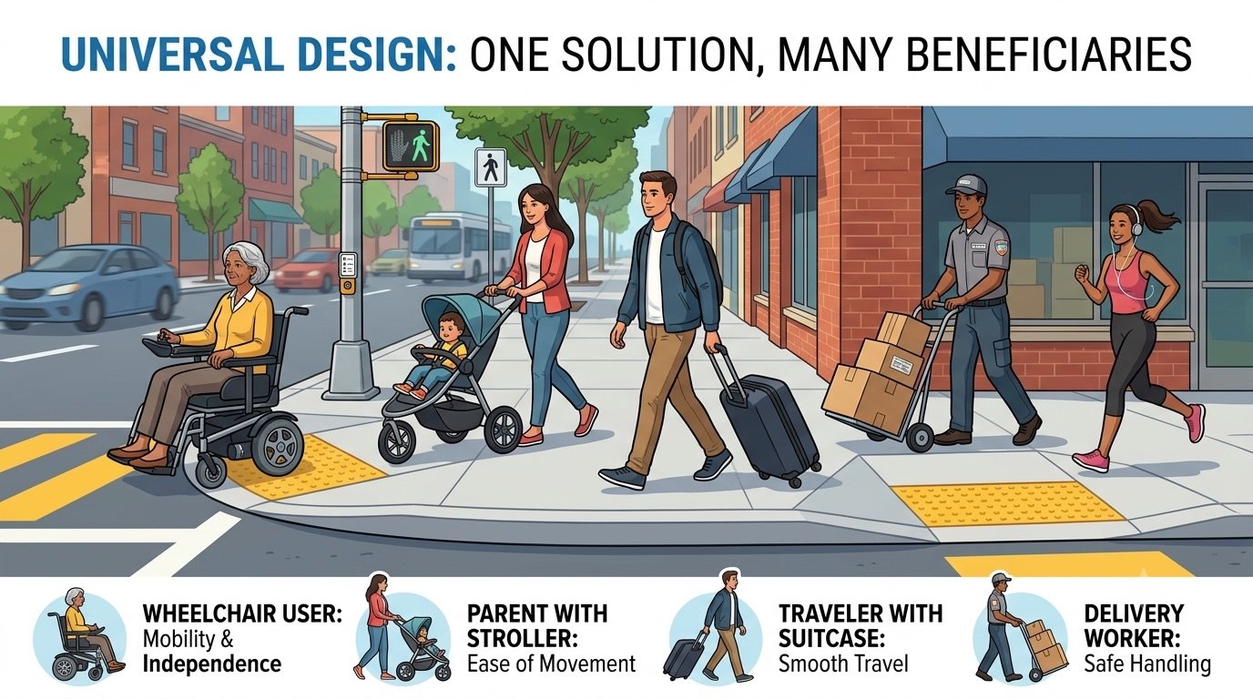 Illustrated city sidewalk titled Universal Design: One Solution, Many Beneficiaries. An older woman in a powered wheelchair uses a curb cut with yellow tactile paving. A parent pushes a stroller, a traveler pulls a rolling suitcase, a delivery worker moves boxes on a hand truck, and a jogger runs past. Icons below label benefits: wheelchair user (mobility and independence), parent with stroller (ease of movement), traveler with suitcase (smooth travel), and delivery worker (safe handling).